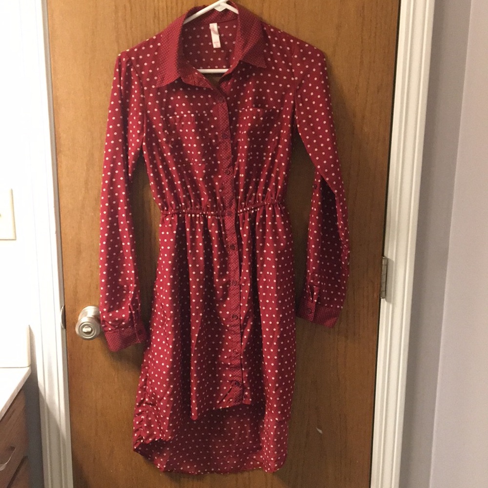 Red polka-dot button up dress.